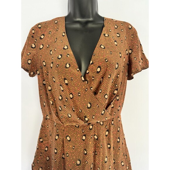 Slate & Willow Women’s 100% Silk Faux Wrap Dress Brown Animal Spots Size 4 - Picture 2 of 6